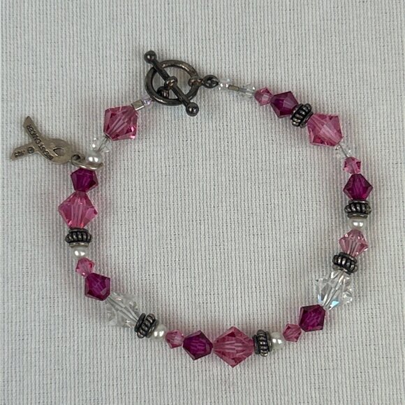 Vintage 925 Sterling Silver Pink Crystal Beaded Breast Cancer Bracelet - Picture 1 of 5